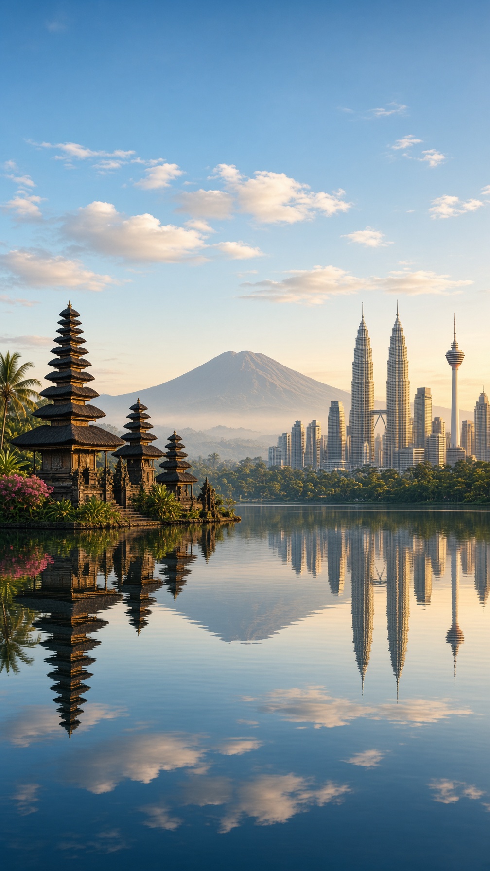 A Balinese temple and the Kuala Lumpur skyline across a lake